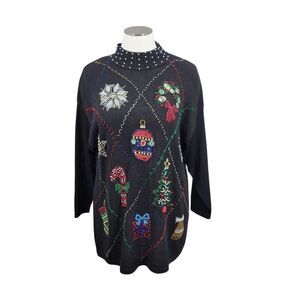 Vintage Black Sweater with Heavy Beading Beadwork Christmas Holiday Designs